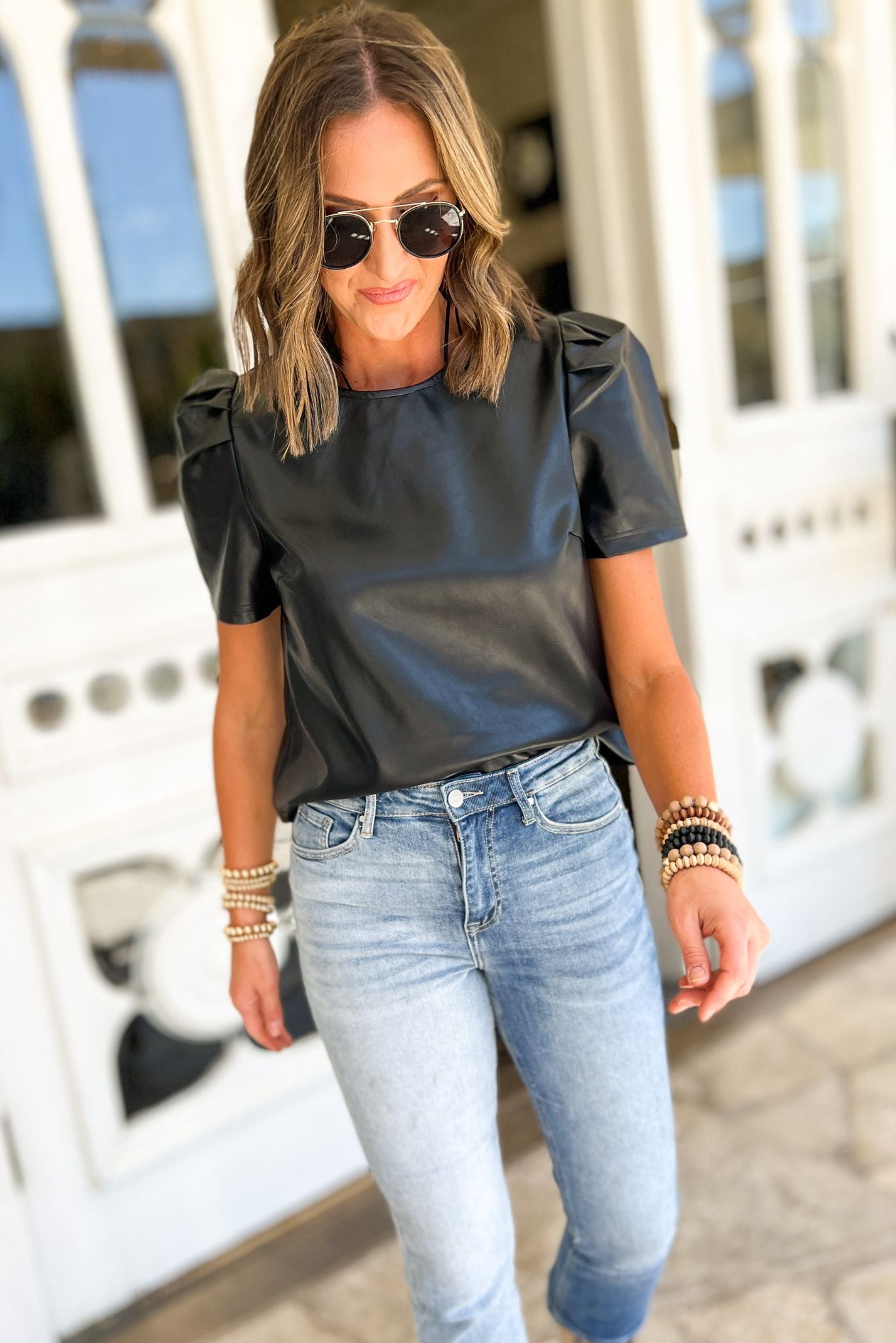 Black Faux Leather Puff Short Sleeve Keyhole Back Top, fall fashion, puff sleeve detail, must have, elevated look, date night, mom style, shop style your senses by mallory fitzsimmons