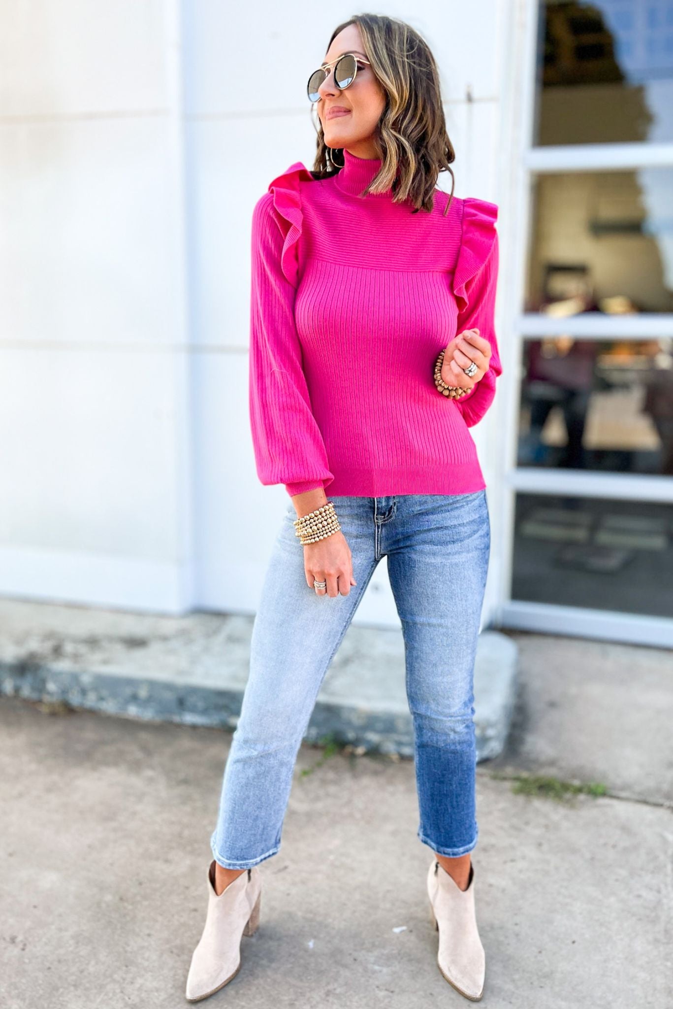 Hot Pink Turtleneck Ruffle Shoulder Ribbed Sweater, sweater weather, fall fashion, fall must have, mom style, work wear, shop style your senses by mallory fitzsimmons