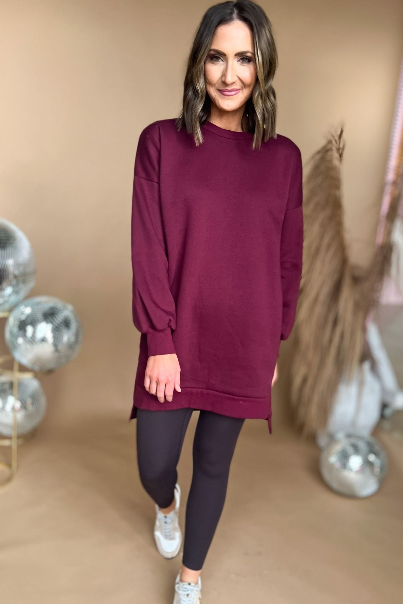 Load image into Gallery viewer, Burgundy Round Neck Longline Hi Low Sweatshirt Dress, fall fashion, must have, oversized fit, sweatshirt, travel look, mom style, shop style your senses by mallory fitzsimmons
