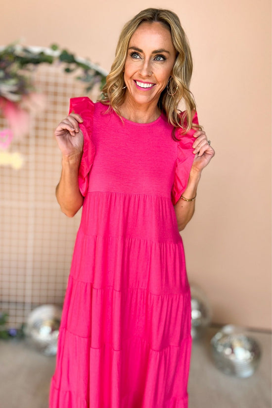 Hot Pink Ruffle Cap Sleeve Tiered Midi Dress, tiered dress, ruffle sleeve, easy fit, midi, mom style, spring look, shop style your senses by mallory fitzsimmons