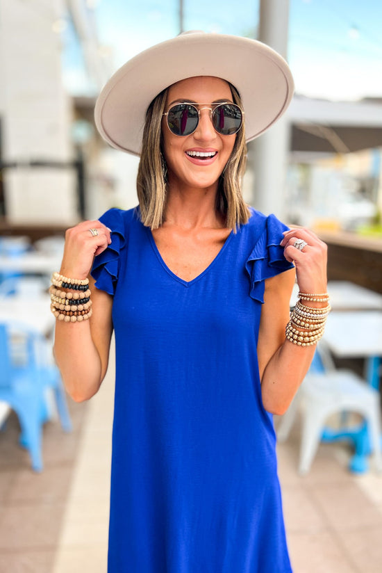 Load image into Gallery viewer, Royal Blue V Neck Ruffle Cap Sleeve Midi Dress, date night, casual outfit, chic updated midi dress, must have dress, fall transition piece, easy to wear, easy fit, mom style, shop style your senses by mallory fitzsimmons

