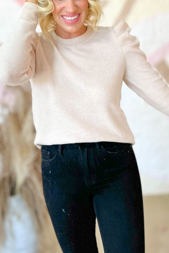 Cream Pleated Puff Long Sleeve Knit Top