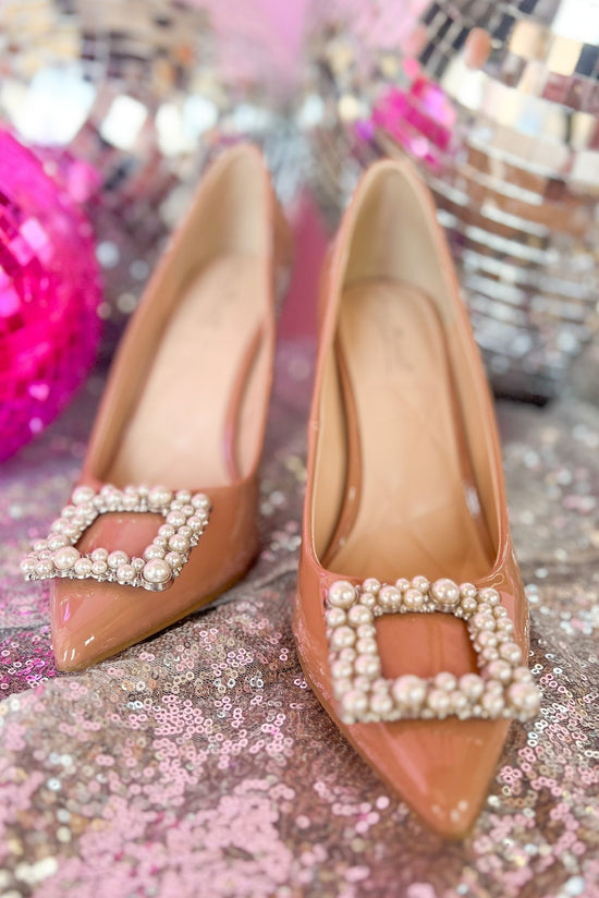 Nude Patent Leather Pointed Toe Pearl Embellished Heels, pearl detail, pointed toe, must have, chic, elevated look, shop style your senses by mallory fitzsimmons