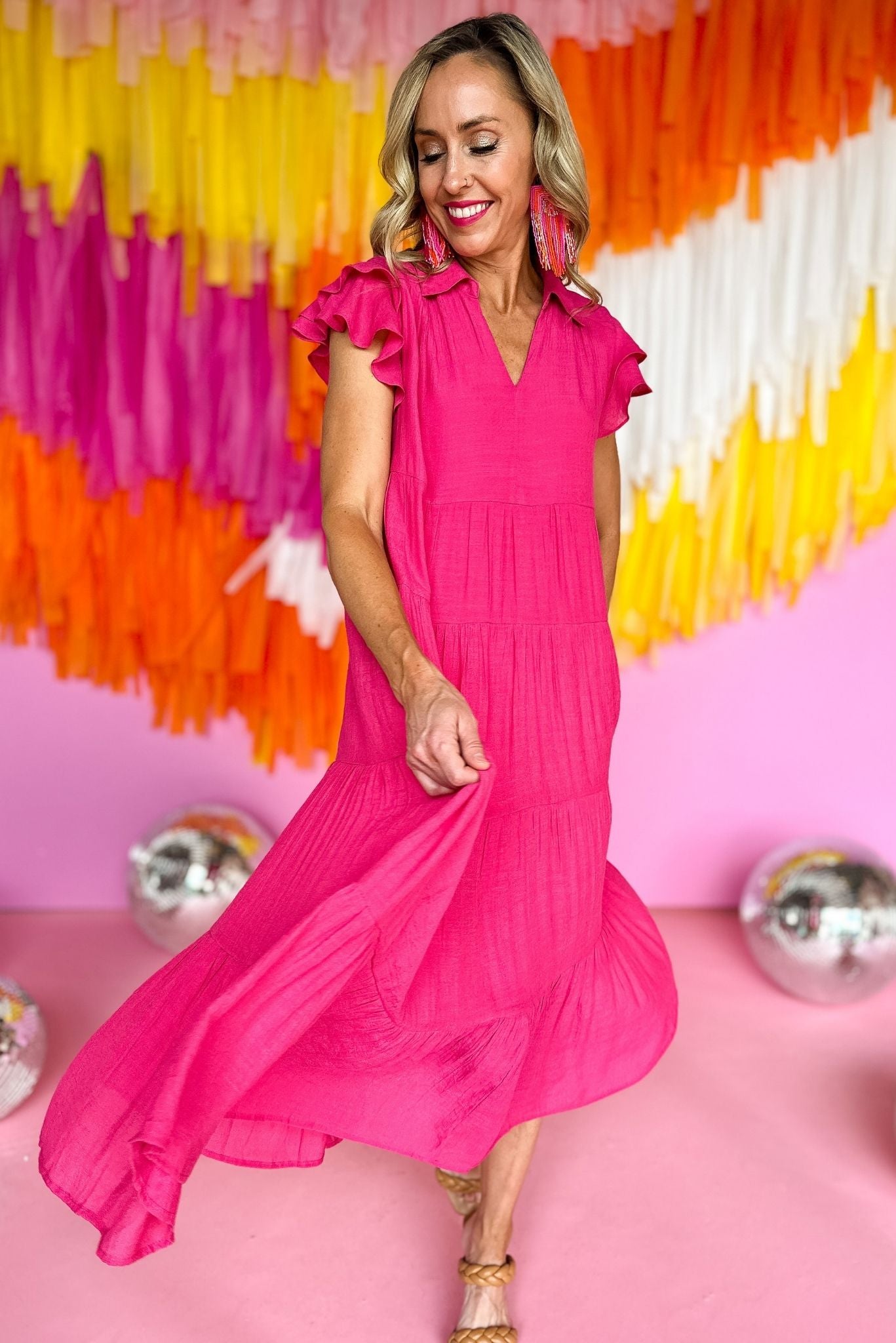 Hot Pink Collared Layered Ruffled Cap Sleeve Tiered Midi Dress