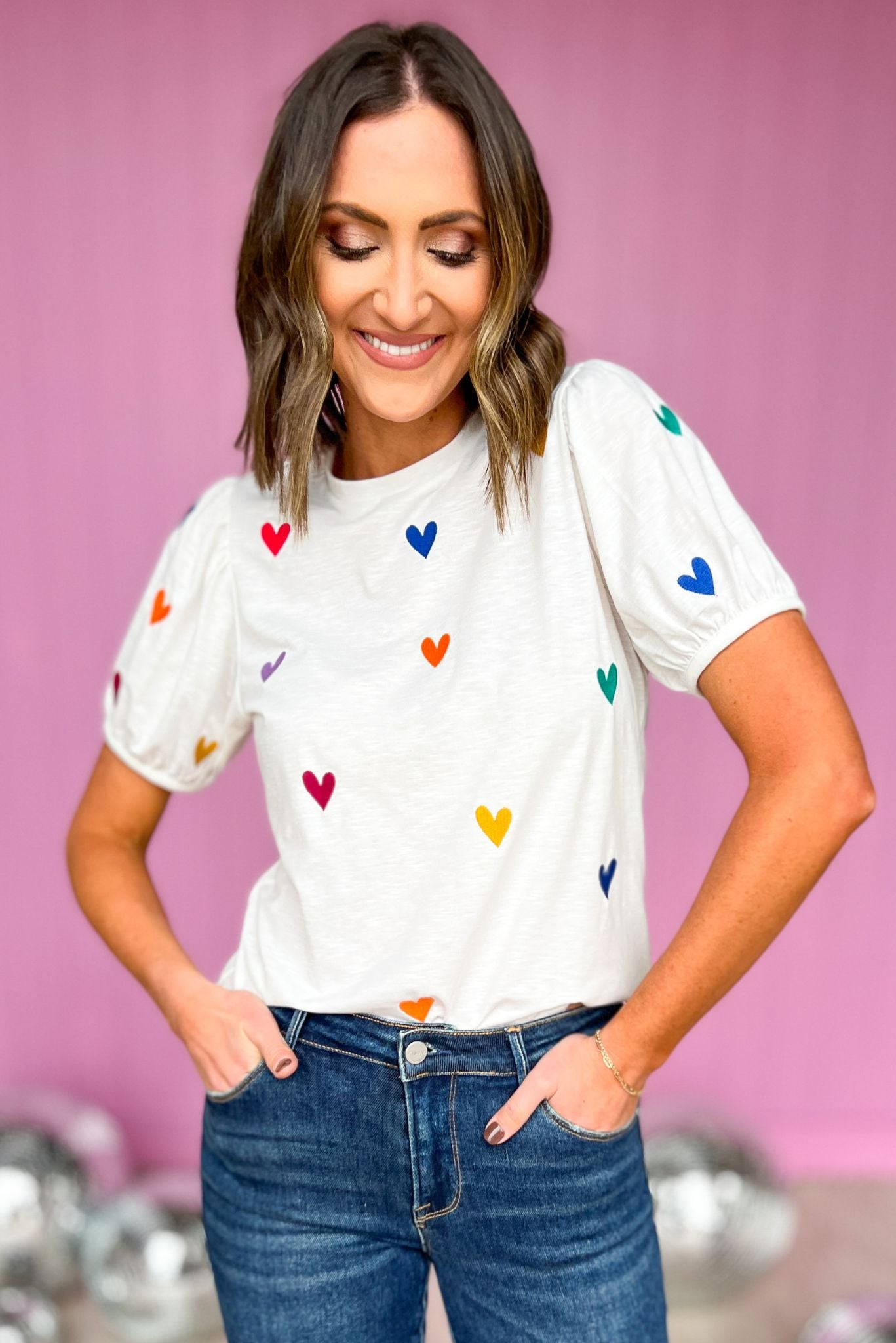 THML White Embroidered Heart Short Sleeve Shirt