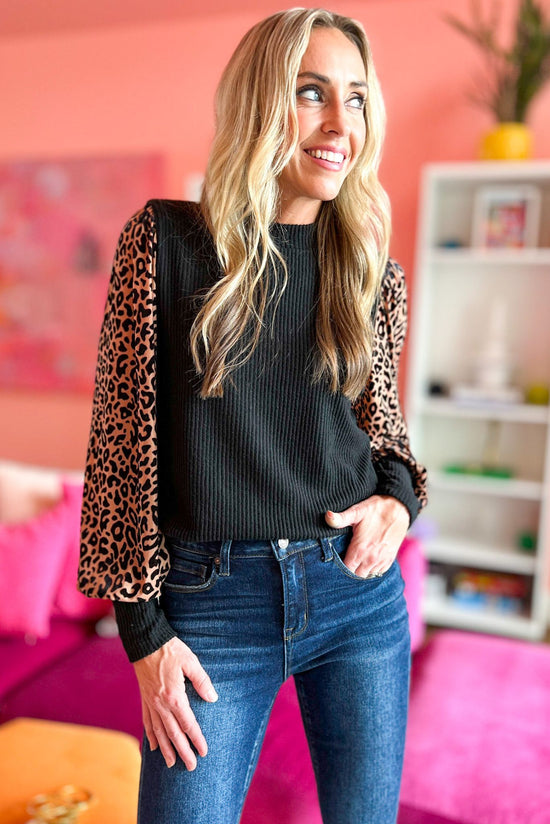 Load image into Gallery viewer, Black Animal Print Contrast Sleeve Knit Top
