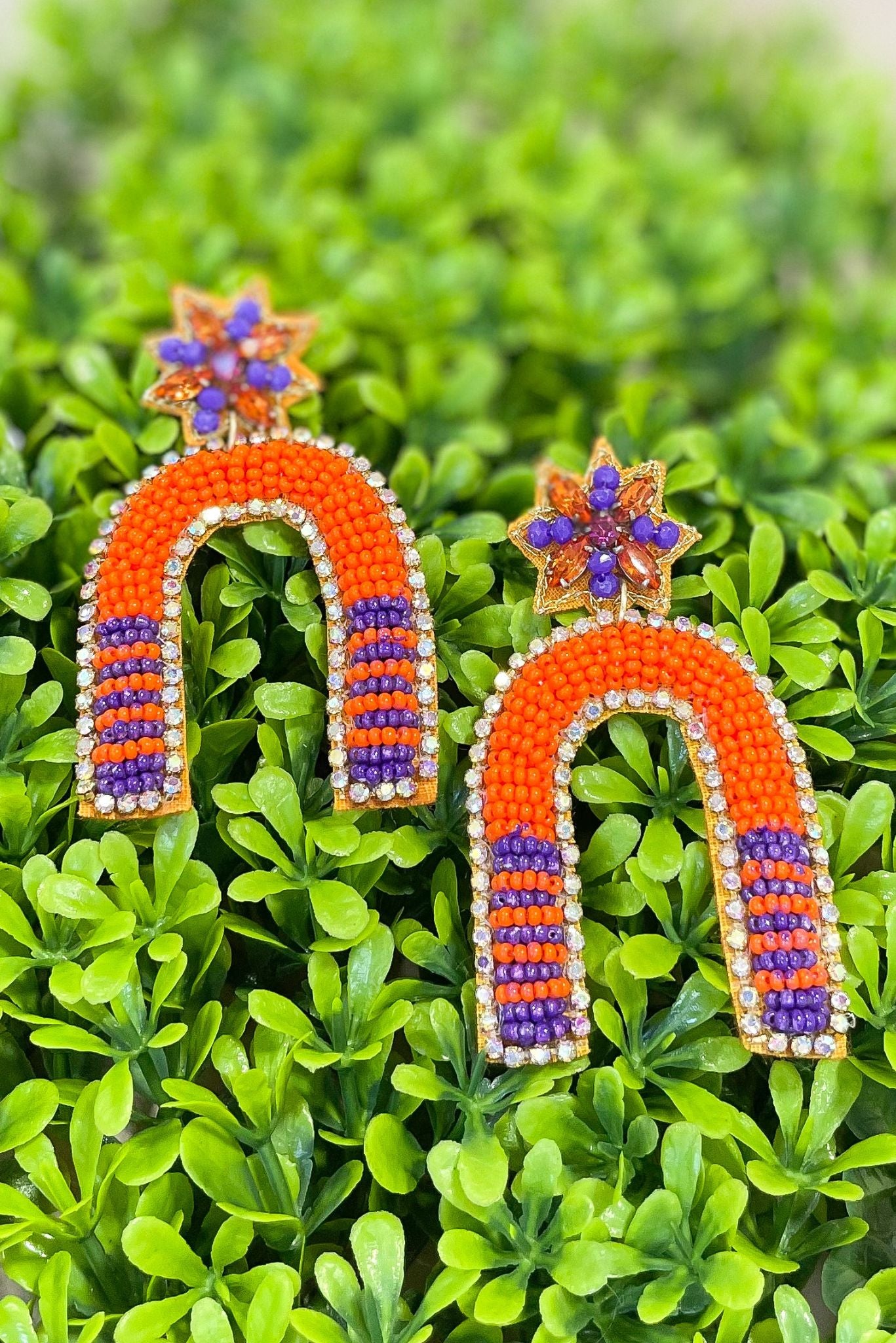 Orange Purple Beaded Arch Earrings, game day ready, teacher essential, must have fall accessory, easy to wear, mom style, shop style your senses by mallory fitzsimmons