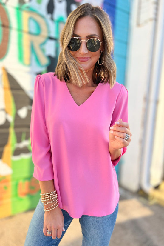 Load image into Gallery viewer, Light Pink V Neck 3/4 Sleeve Top, fall transition piece, work to weekend, date night, mom style, shop style your senses by mallory fitzsimmons
