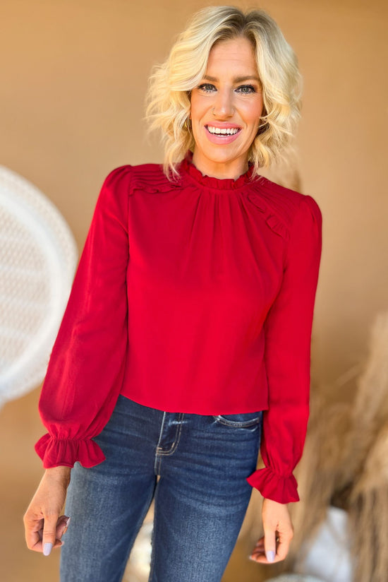 Load image into Gallery viewer, Wine Mock Neck Long Sleeve Pleat Detail Top, fall fashion, must have, pleat detail, work to weekend, mom style, shop style your senses by mallory fitzsimmons
