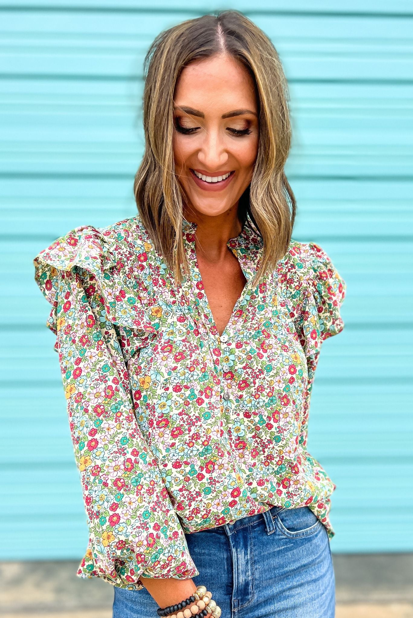 Load image into Gallery viewer, Natural Floral V Neck Ruffle Long Sleeve Button Up Top
