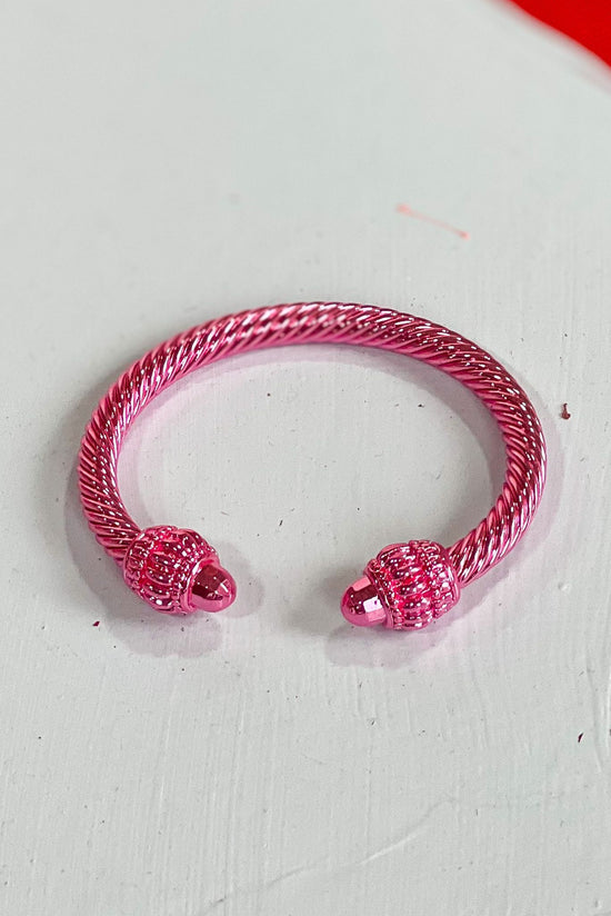 Load image into Gallery viewer, Pink Twisted Chunky Cable Bangle Bracelet, pink bangle bracelet, twisted chunky bracelet, stackable, shop style your senses by mallory fitzsimmons
