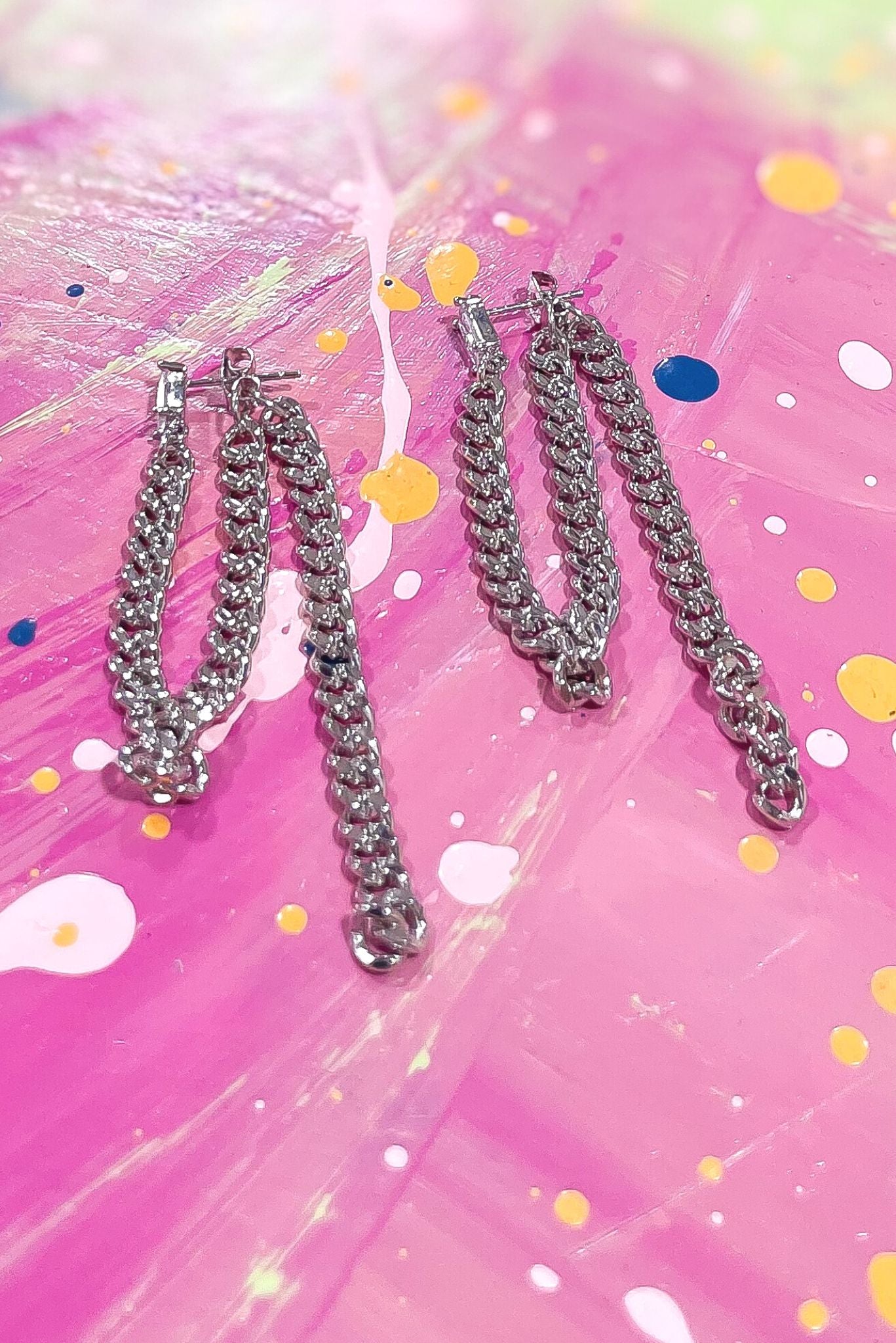 Load image into Gallery viewer, Silver Clear Rhinestone Curb Chain Back Earrings, silver curb chain, edgy accessory, silver dangle earring, mom style, style your senses by mallory fitzsimmons
