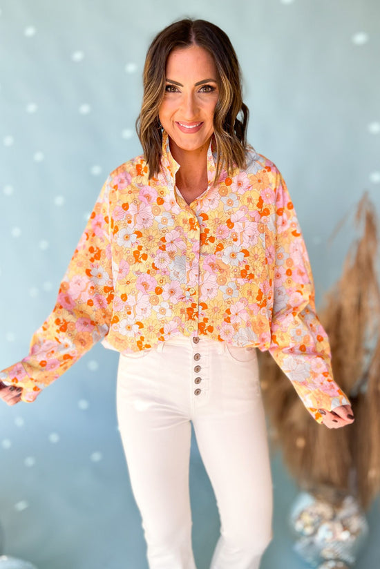 Load image into Gallery viewer, Karlie Yellow Pastel Floral Elastic Hem Button Down Top, spring fashion, spring top, floral print, elastic hem, must have, shop style your senses by mallory fitzsimmons
