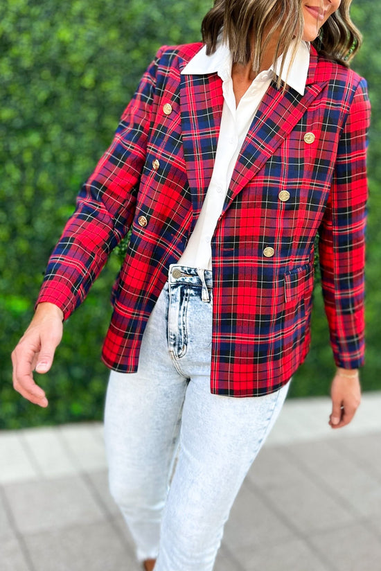 Load image into Gallery viewer, Red Navy Plaid Blazer, fall fashion, must have, statement piece, layered look, elevated look, shop style your senses by mallory fitzsimmons
