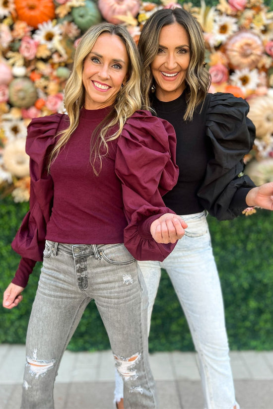 Load image into Gallery viewer, wine Poplin Puff Long Sleeve Knit Top, fall fashion, fall must have, elevated look, mom style, shop style your senses by mallory fitzsimmons
