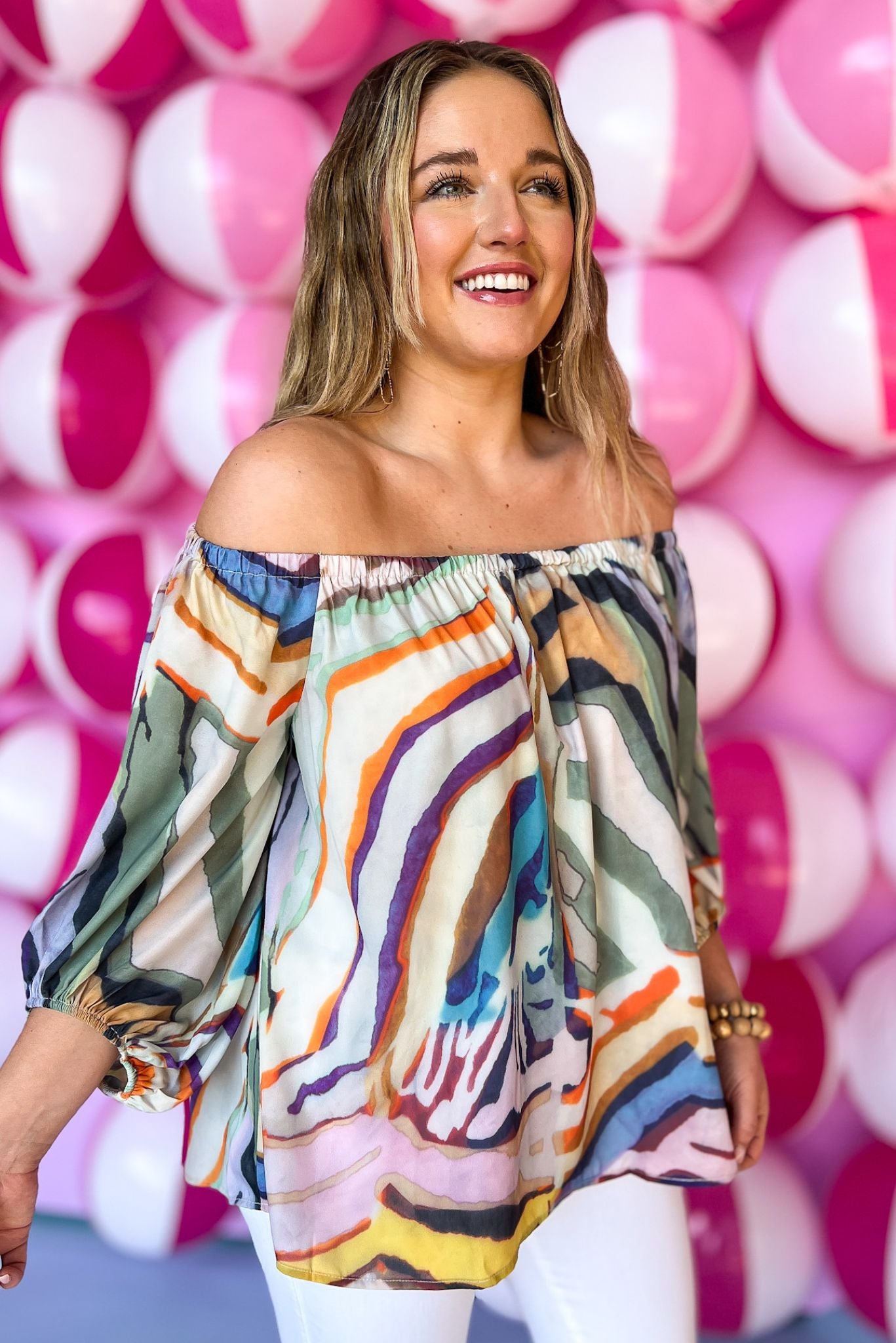 Load image into Gallery viewer, Multi Off The Shoulder Animal Print Top, printed pattern, off the shoulder detail, fall colors, work wear, shop style your senses by mallory fitzsimmons
