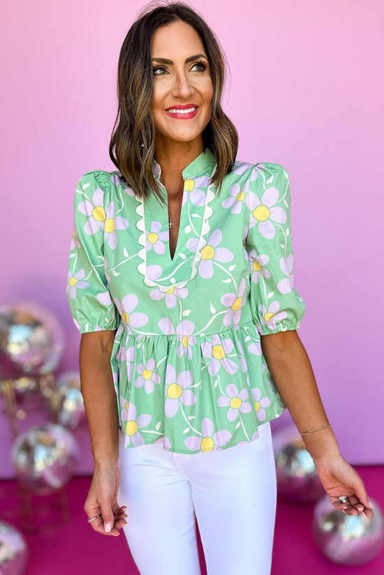 Load image into Gallery viewer, Karlie Green Daisy Printed V Neck Puff Sleeve Peplum Top, summer look, peplum, pleat detail, scallop collar, shop style your senses by mallory fitzsimmons
