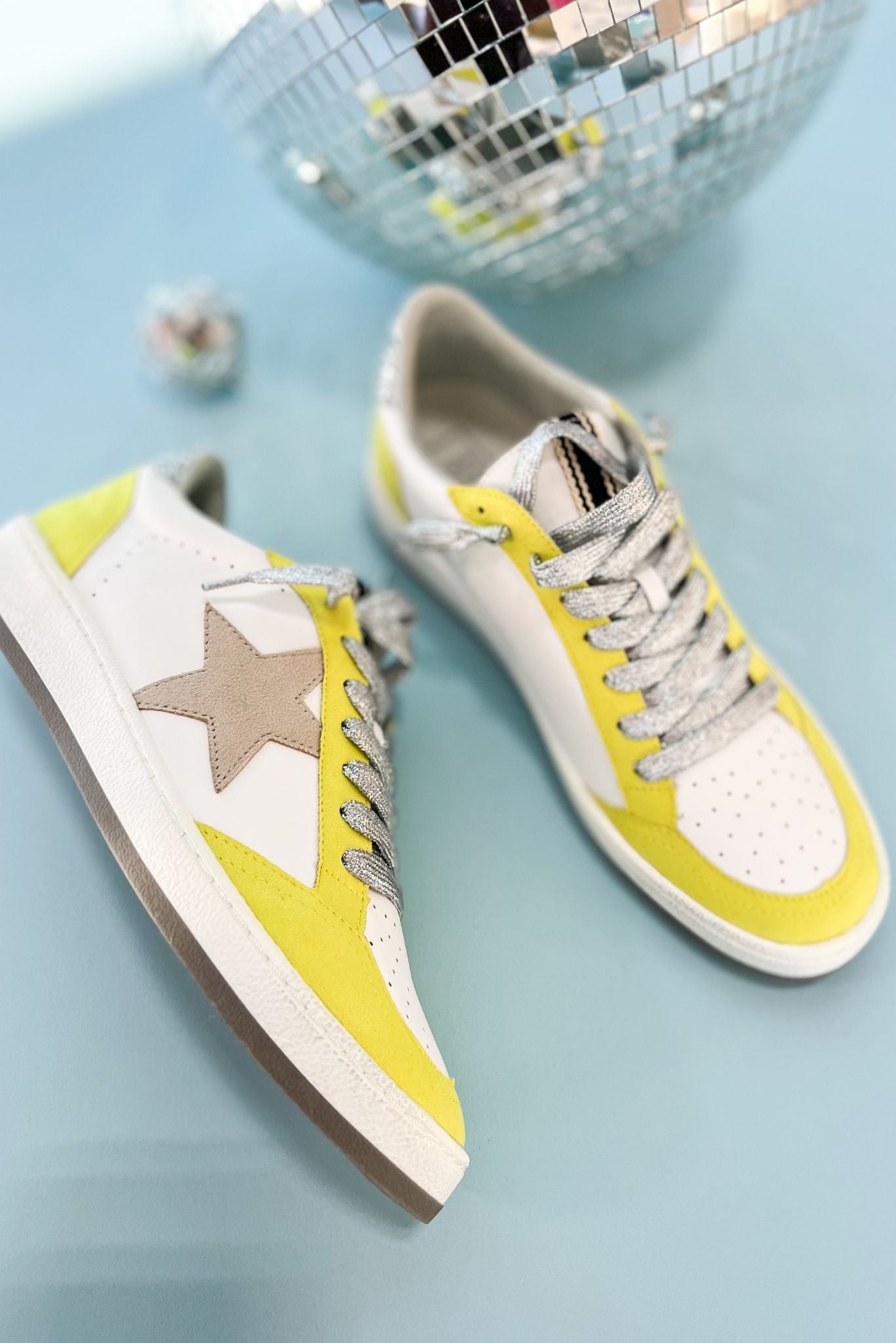Load image into Gallery viewer, Shu Shop Neon Yellow Silver Glitter Tab Star Sneakers
