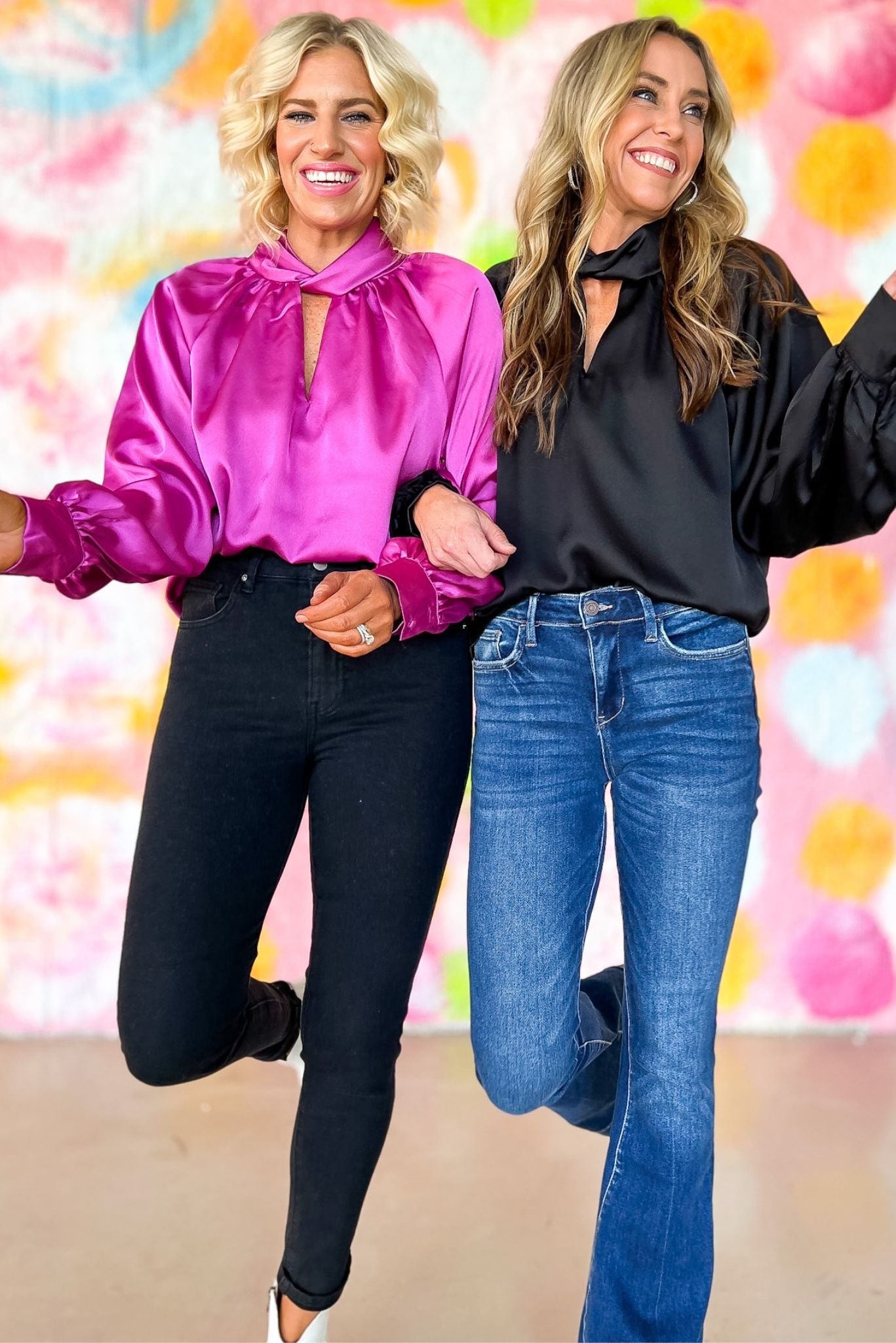 Load image into Gallery viewer, Black Satin Twist Collar Bubble Sleeve Top, fall fashion, fall must have, chic, elevated look, mom style, shop style your senses by mallory fitzsimmons
