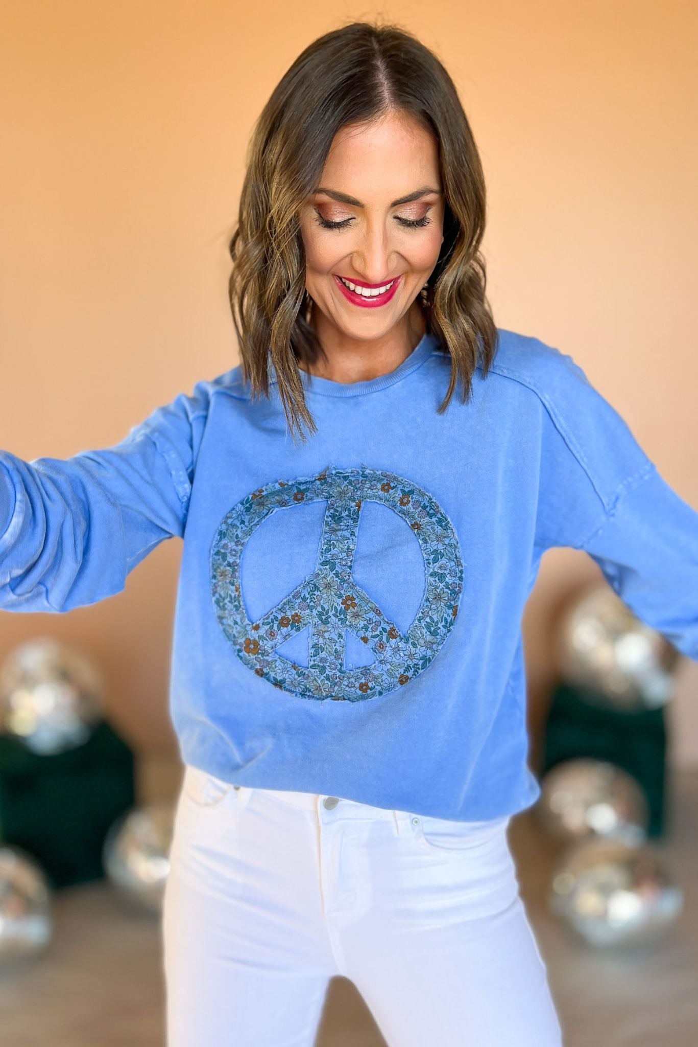 Blue Mineral Wash Peace Sign Pullover, mineral wash, floral detail, comfy, everyday wear, mom style, shop style your senses by mallory fitzsimmons