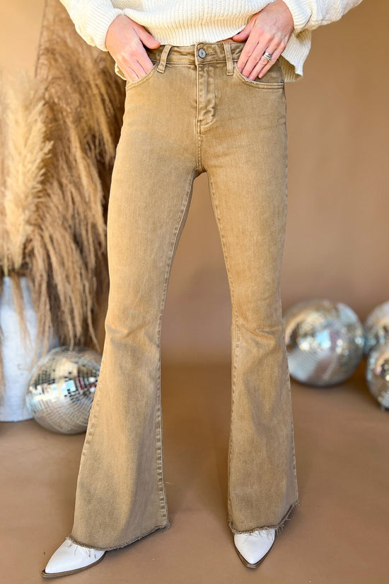 Copper High Rise Raw Hem Flare Jeans, must have jeans for fall, easy to wear, neutral basic, mom style, updated flare jean, shop style your senses by mallory Fitzsimmons