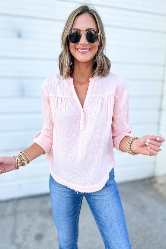 Blush Muslin V Neck Rolled Sleeves Top, fall transition piece, lightweight, work to weekend, everyday wear, mom style, essential top, shop style your senses by mallory fitzsimmons