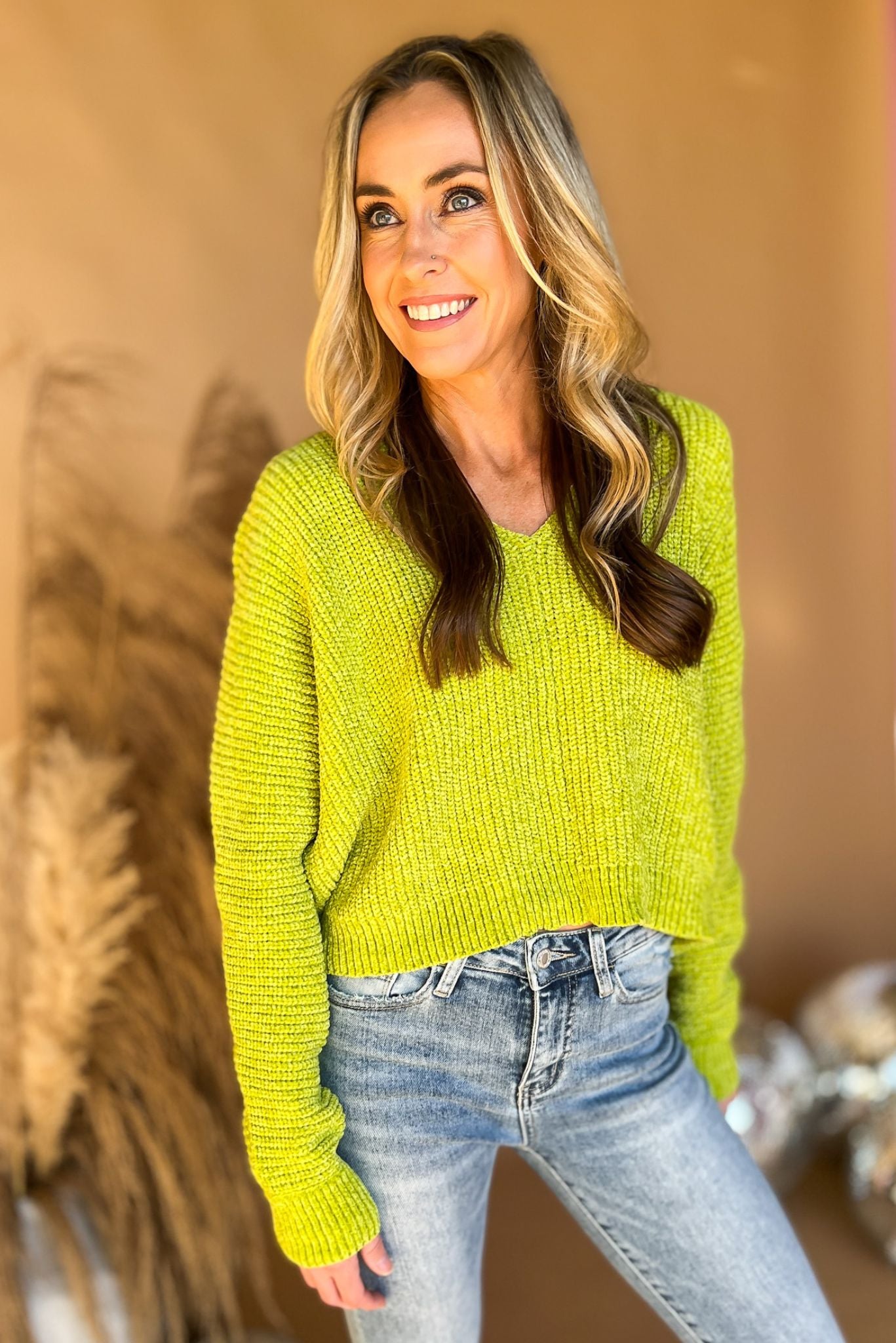 Load image into Gallery viewer, Lime Green V Neck Chenille Sweater sweater weather winter style new arrivals shop style your senses by mallory fitzsimmons
