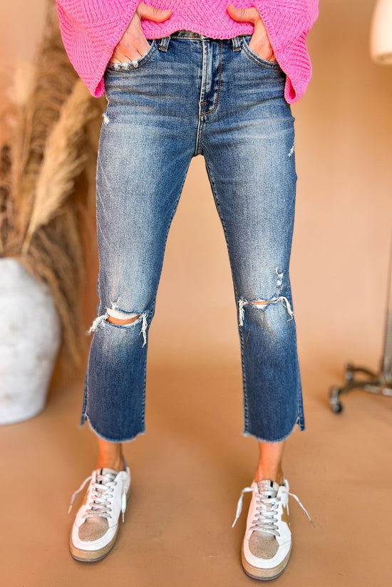 Load image into Gallery viewer, Medium Wash Stretch High Rise Crop Straight High Low Hem Jeans, fall fashion, must have denim, staple piece, everyday wear, mom style, shop style your senses by mallory fitzsimmons
