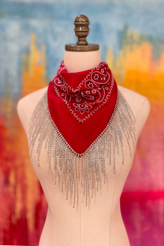 Load image into Gallery viewer, Red Rhinestone Fringe Bandana, concert ready, cowgirl vibes, fall transition piece, chic updated bandana, mom style, shop style your senses by mallory fitzsimmons
