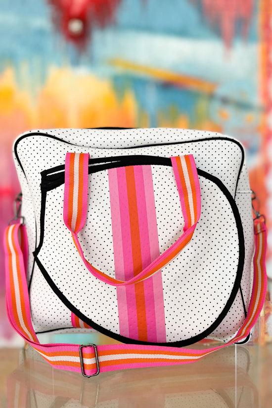 Load image into Gallery viewer, white pink Neoprene Tennis Bag, fall fashion, travel bag, over night bag, must have, mom style, shop style your senses by mallory fitzsimmons

