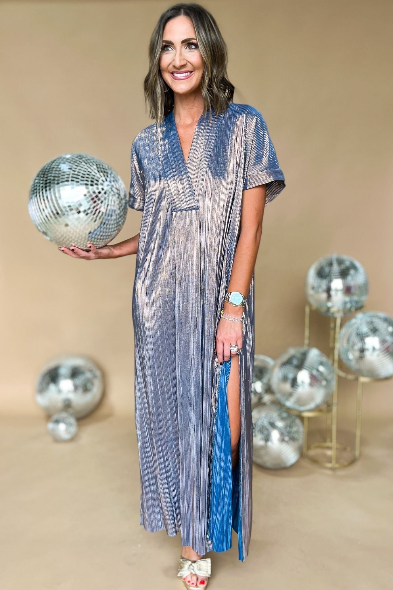 Load image into Gallery viewer, Blue Metallic V Neck Kaftan Slit Dress by Karlie, statement piece, holiday look, glam, must have, shimmer detail, flowy fit, shop style your senses by mallory fitzsimmons 

