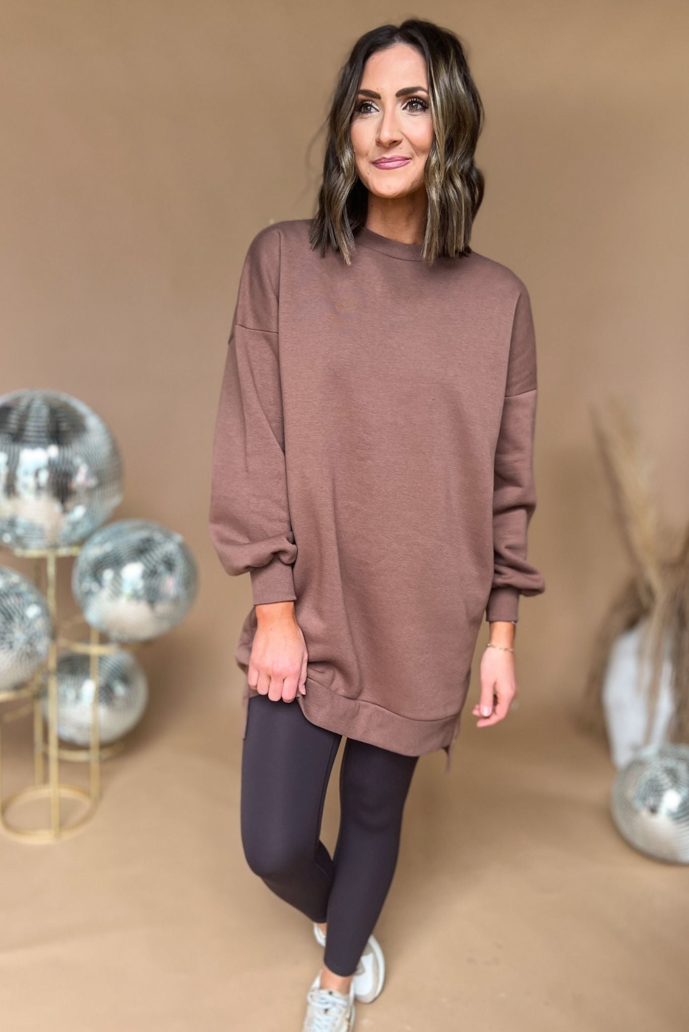 Load image into Gallery viewer, Mocha Round Neck Longline Hi Low Sweatshirt Dress, fall fashion, must have, oversized fit, sweatshirt, travel look, mom style, shop style your senses by mallory fitzsimmons
