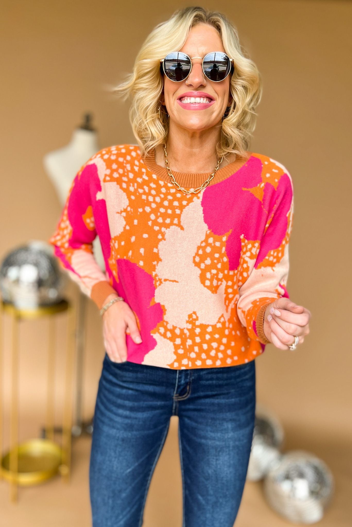 Load image into Gallery viewer, Hot Pink Camel Floral Puff Sleeve Sweater, hot pink floral detail, puff sleeve, fall transition piece, mom style, shop style your senses by mallory fitzsimmons
