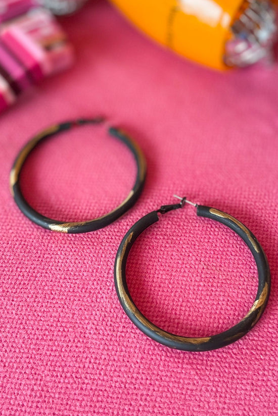 Load image into Gallery viewer, Gold Black Painted Hoop Earrings, fall fashion, must have, elevated accessory, everyday wear, mom style, chic, shop style your senses by mallory fitzsimmons
