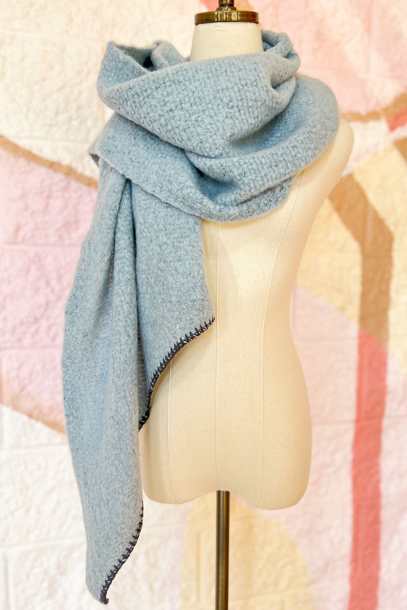 Load image into Gallery viewer, Dusty Blue Oblong Scarf with Contrast Stitch Trim *FINAL SALE*

