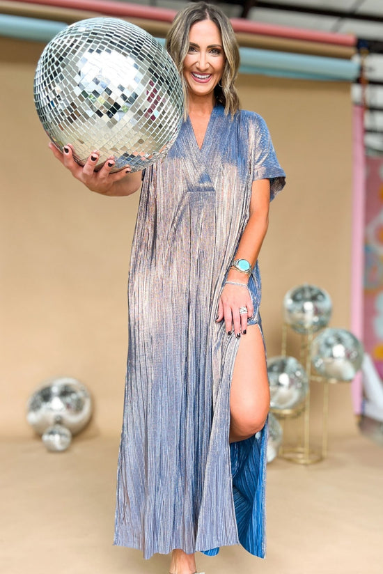 Blue Metallic V Neck Kaftan Slit Dress by Karlie, statement piece, holiday look, glam, must have, shimmer detail, flowy fit, shop style your senses by mallory fitzsimmons