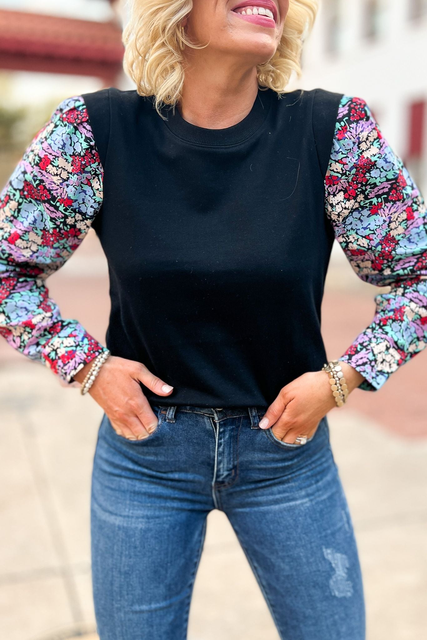 Black Blue Floral Poplin Sleeve Knit Top by Karlie, floral sleeve detail, knit top, lightweight, work wear, mom style, must have, karlie, shop style your senses by mallory fitzsimmons