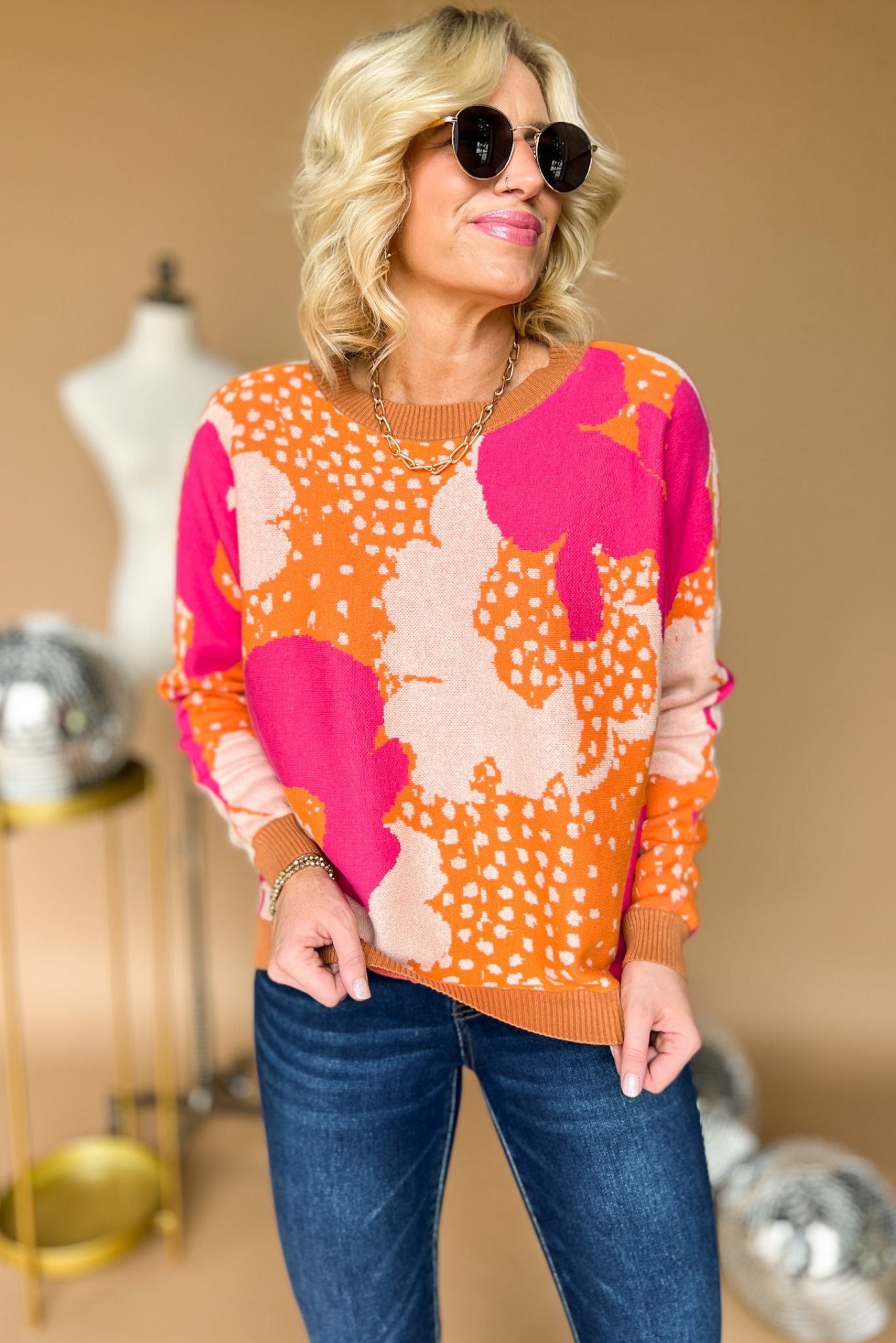 Load image into Gallery viewer, Hot Pink Camel Floral Puff Sleeve Sweater, hot pink floral detail, puff sleeve, fall transition piece, mom style, shop style your senses by mallory fitzsimmons
