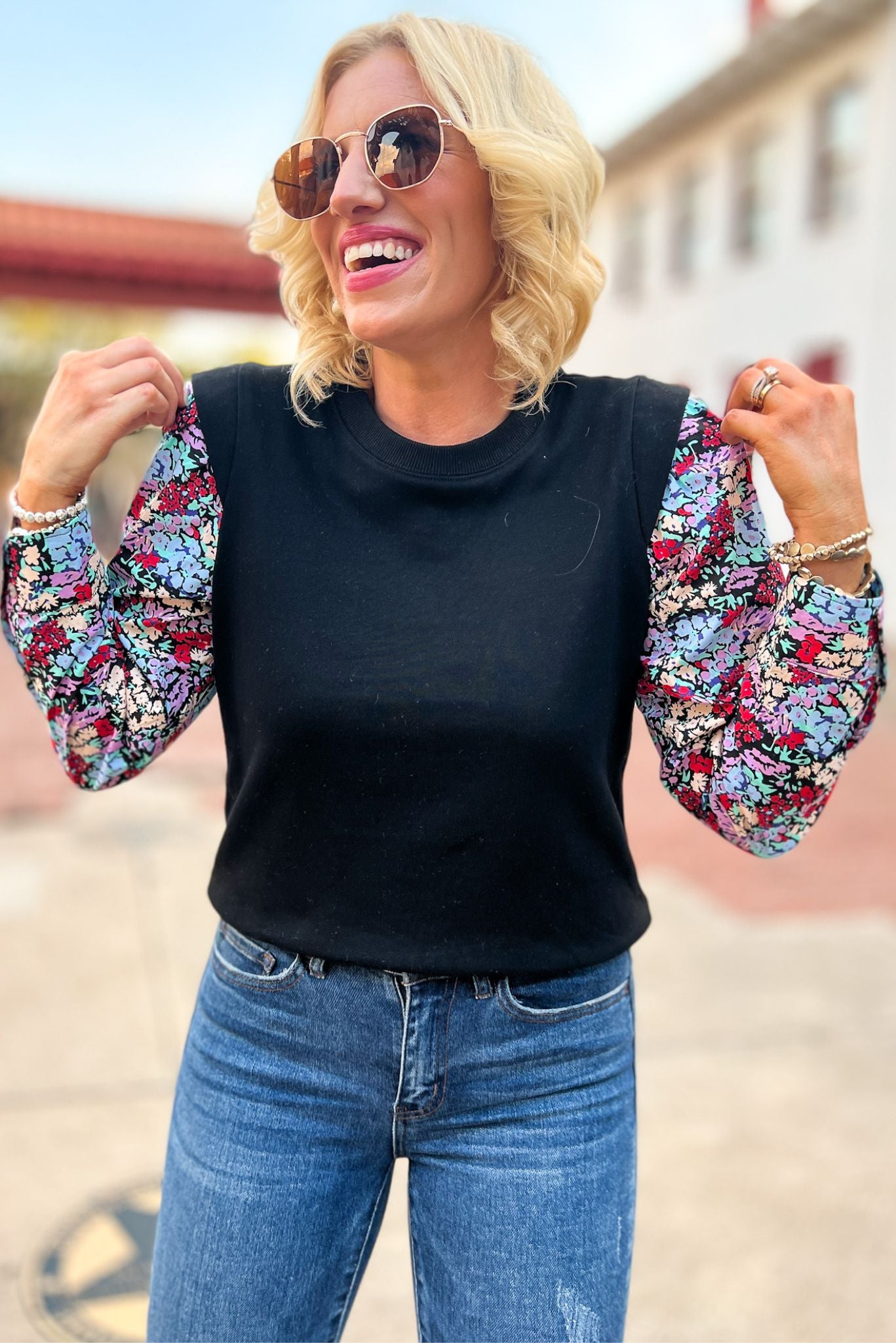 Black Blue Floral Poplin Sleeve Knit Top by Karlie, floral sleeve detail, knit top, lightweight, work wear, mom style, must have, karlie, shop style your senses by mallory fitzsimmons
