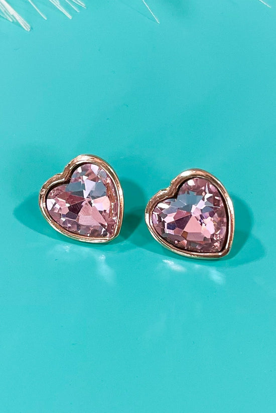 Load image into Gallery viewer, Gold Pink Rhinestone Heart Stud Earrings
