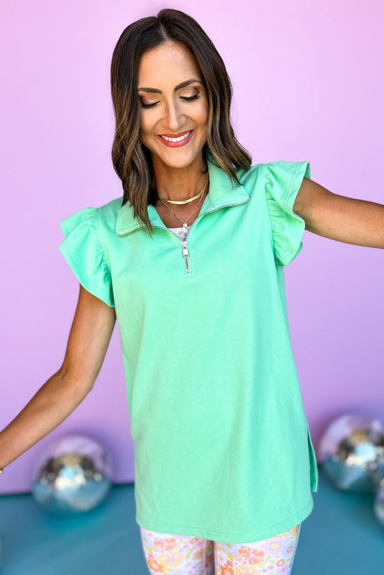 SSYS mint Ruffle Shoulder Half Zip Pullover Sweatshirt, ruffle sleeve, zipper v neck, collar detail, lightweight, athleisure, must have, shop style your senses by mallory fitzsimmons