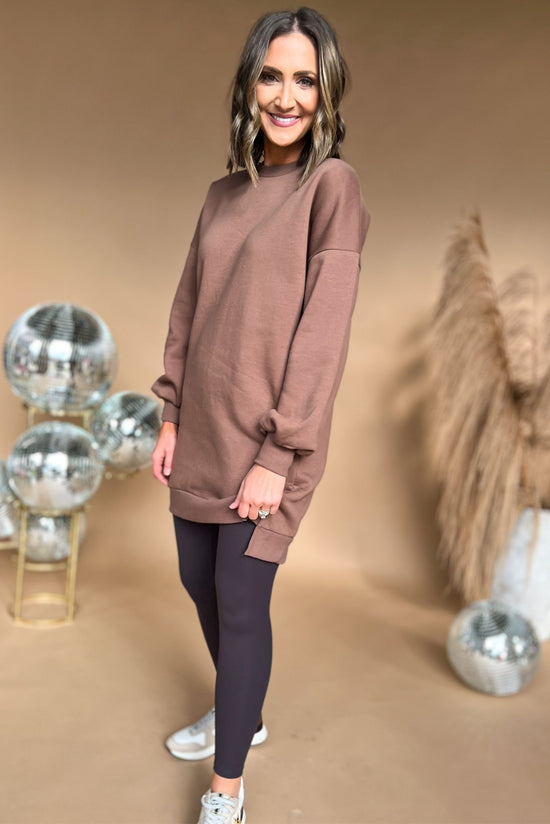 Load image into Gallery viewer, Mocha Round Neck Longline Hi Low Sweatshirt Dress, fall fashion, must have, oversized fit, sweatshirt, travel look, mom style, shop style your senses by mallory fitzsimmons
