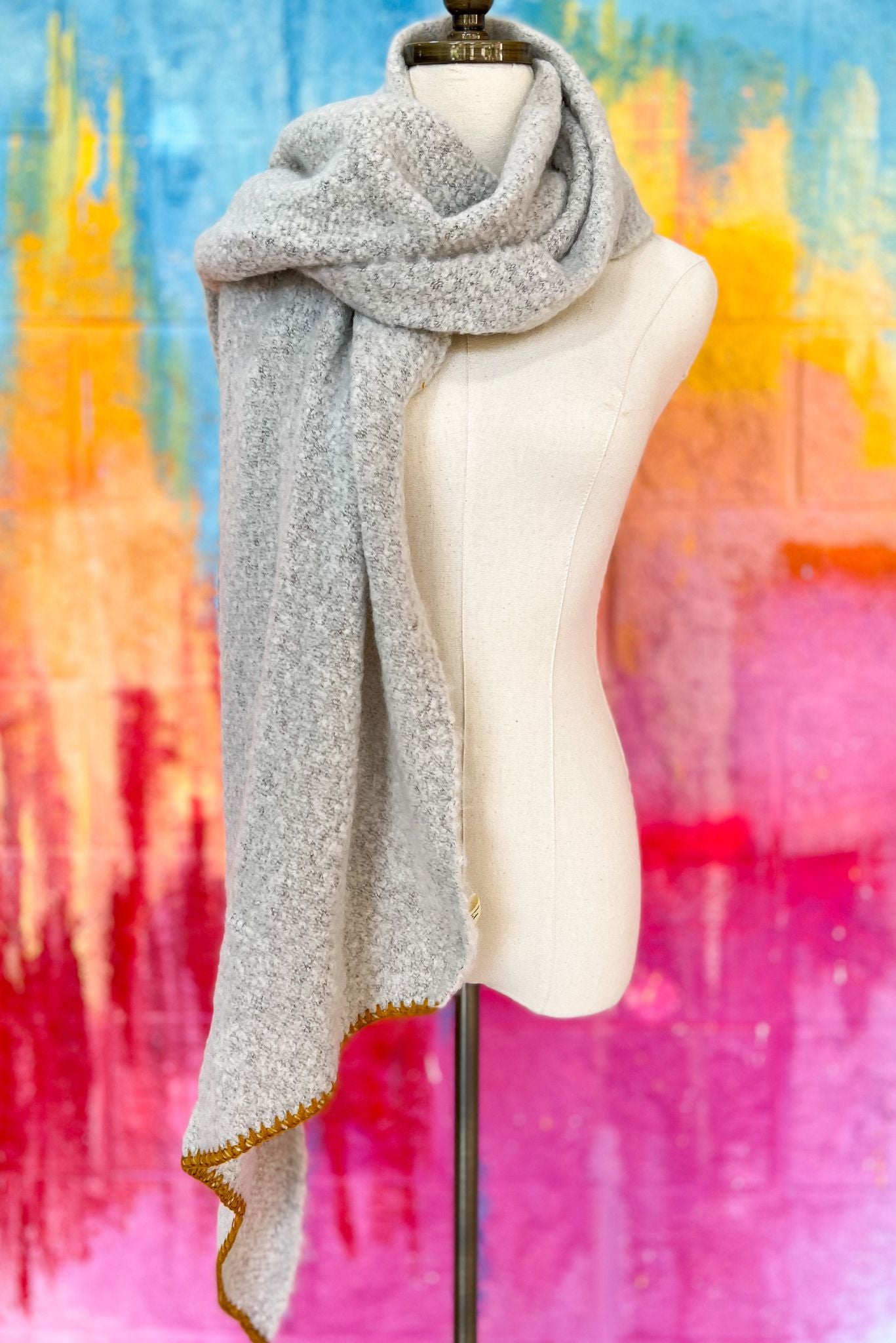 Load image into Gallery viewer, Grey Oblong Scarf with Contrast Stitch Trim *FINAL SALE*
