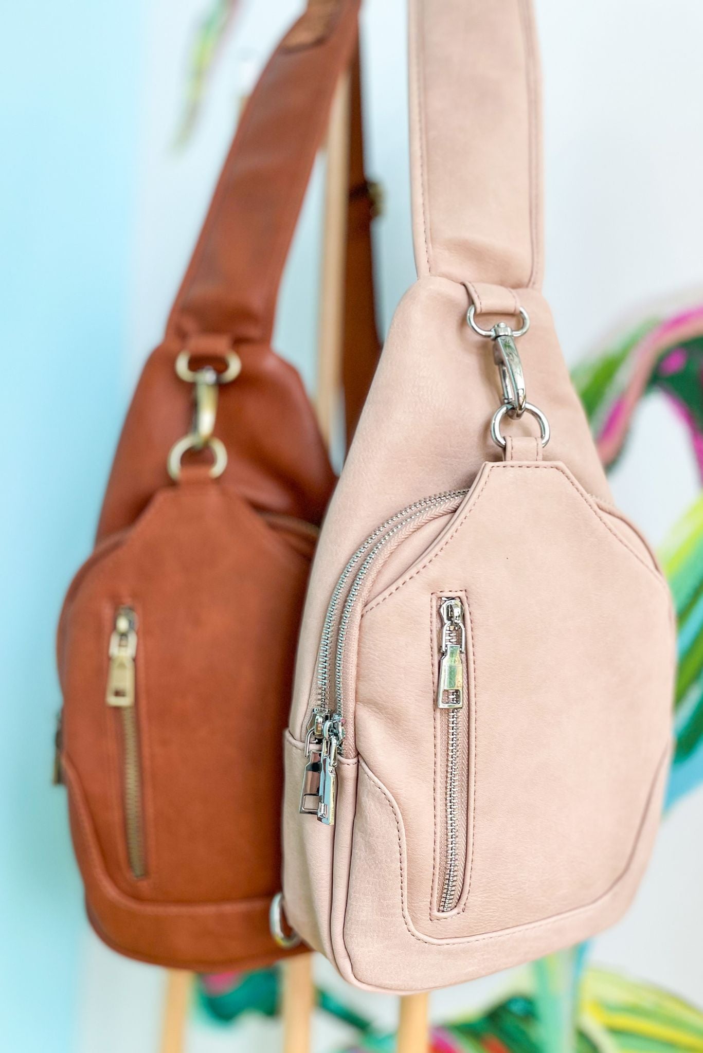 Load image into Gallery viewer, Light Pink Faux Leather Sling Bag, fall fashion, must have, sling bag, everyday wear, mom style, chic, shop style your senses by mallory fitzsimmons
