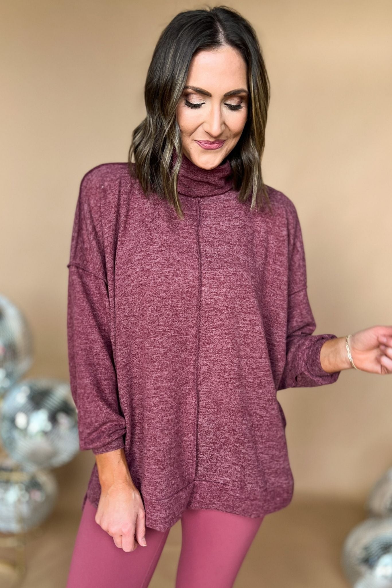 dark burgundy Brushed Mock Neck Exposed Seam Sweater *FINAL SALE, athleisure, must have, mom style, chic, everyday wear, shop style your senses by mallory ftizsimmons