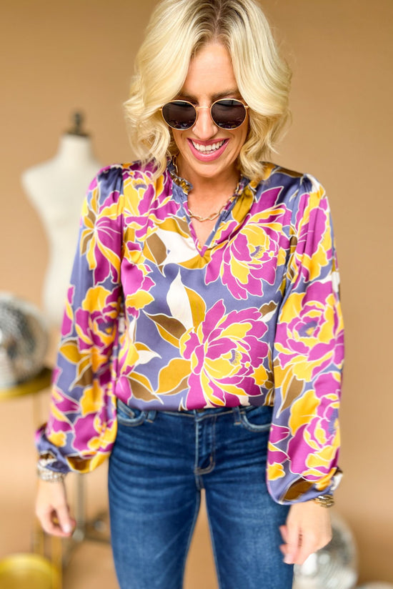 Load image into Gallery viewer, Purple Floral Bubble Long Sleeve Satin V Neck Top, flowy top, floral patter, mom style, work wear, shop style your senses by mallory fitzsimmons
