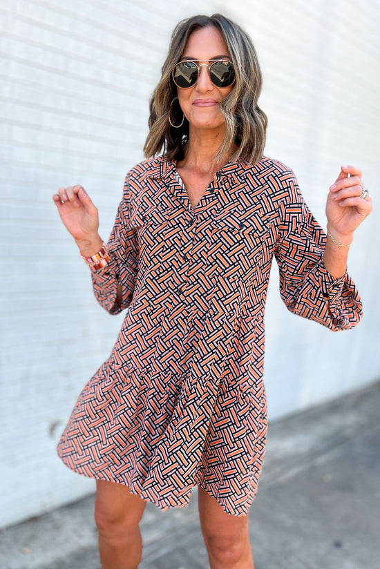 Load image into Gallery viewer, Orange Navy Geometric Long Sleeve Tiered Dress by Karlie, fall fav, fall must have, fall fashion, button detail, faux leather pocket, mom style, shop style your senses by mallory fitzsimmons

