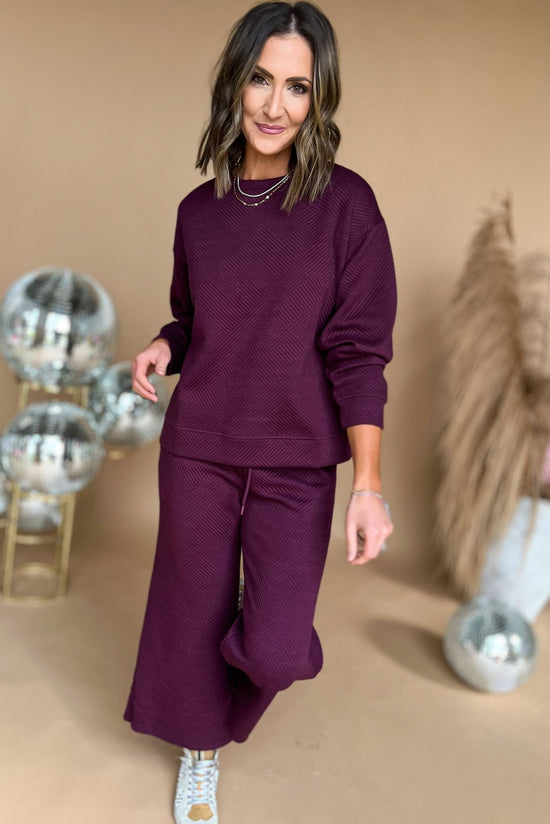 Burgundy Textured Crew Neck Wide Leg Pants Set, matching set, textured print, must have, mom style, travel look, shop style your senses by mallory fitzsimmons