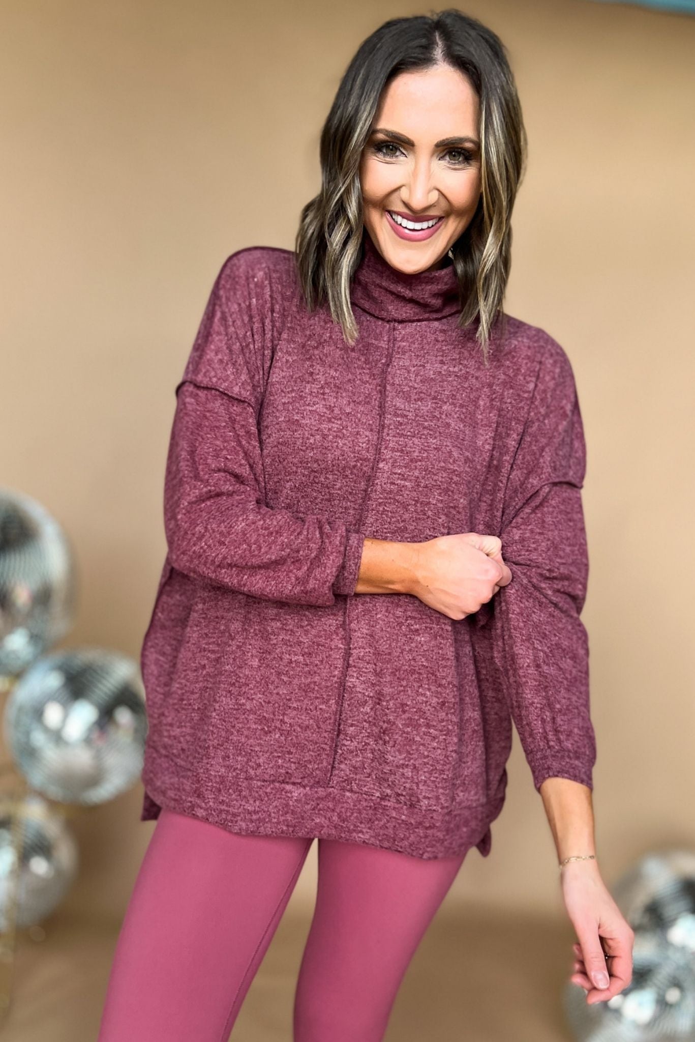 dark burgundy Brushed Mock Neck Exposed Seam Sweater *FINAL SALE, athleisure, must have, mom style, chic, everyday wear, shop style your senses by mallory ftizsimmons