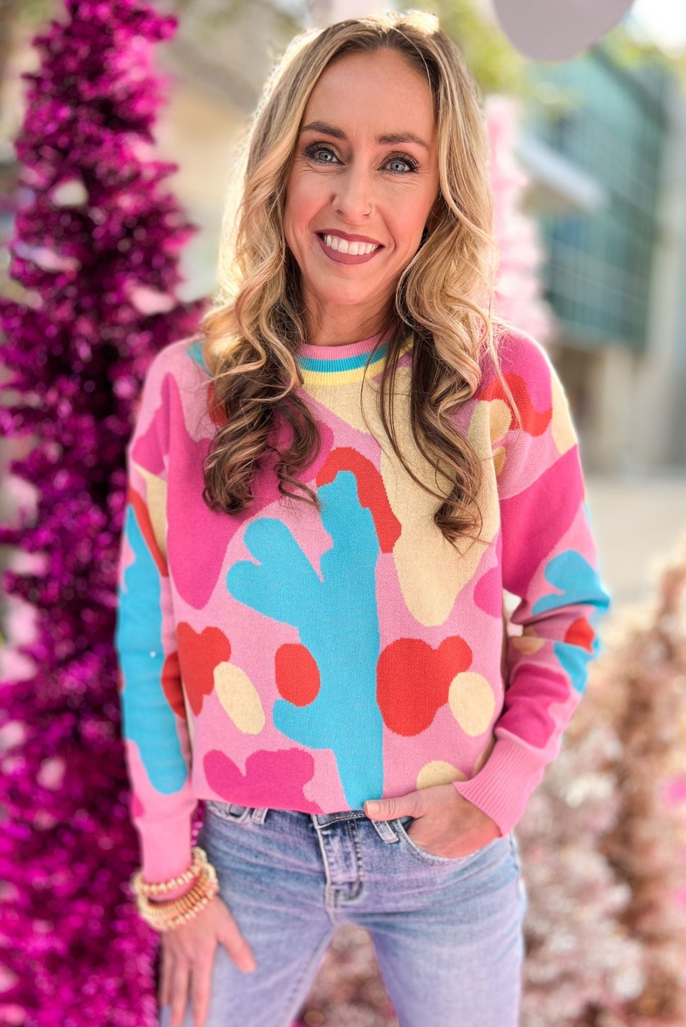Pink Blue Orange Camo Contrast Trim Sweater, december days, winter fashion, mom style, everyday wear, looks for less, trendy, shop style your senses by mallory fitzsimmons